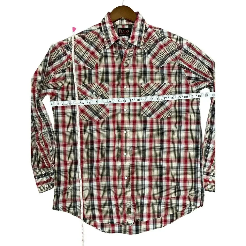 Plains Western Wear Mens Shirt M Long Sleeve Pearl Snap Red Plaid - Picture 4 of 5